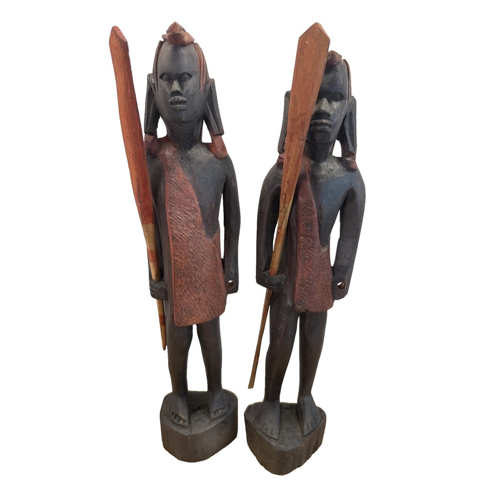 2 Maasai Warrior Carved Wood Hunter Sword Spear Red African Ebony Tribal Figure